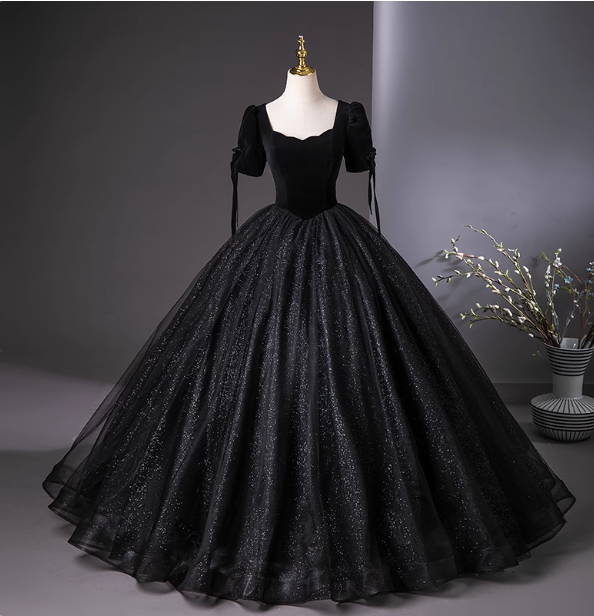 Vintage Black Puff Sleeve Velvet Shimmer Tulle Ball Gown Evening Dress Sweet 16 Dress