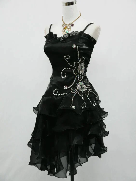 Vintage Black Straps Beaded Evening Dress Ruffled Homecoming Dress