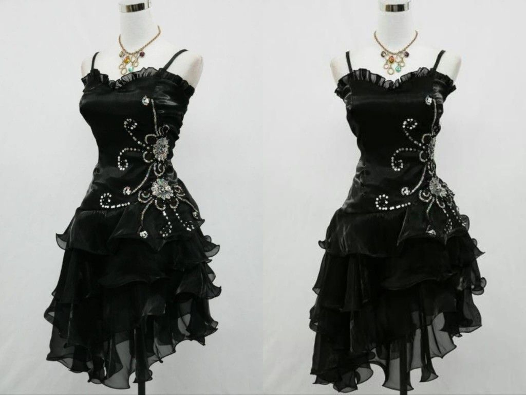 Vintage Black Straps Beaded Evening Dress Ruffled Homecoming Dress