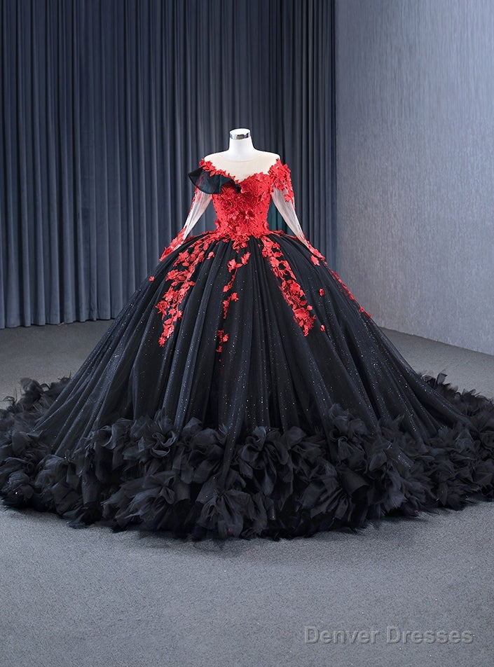 Vintage Black Tulle Long Sleeve Appliques Prom Dress Main image