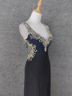 Vintage Black V-Neck Beaded Chiffon Long Prom Dress Evening Dress