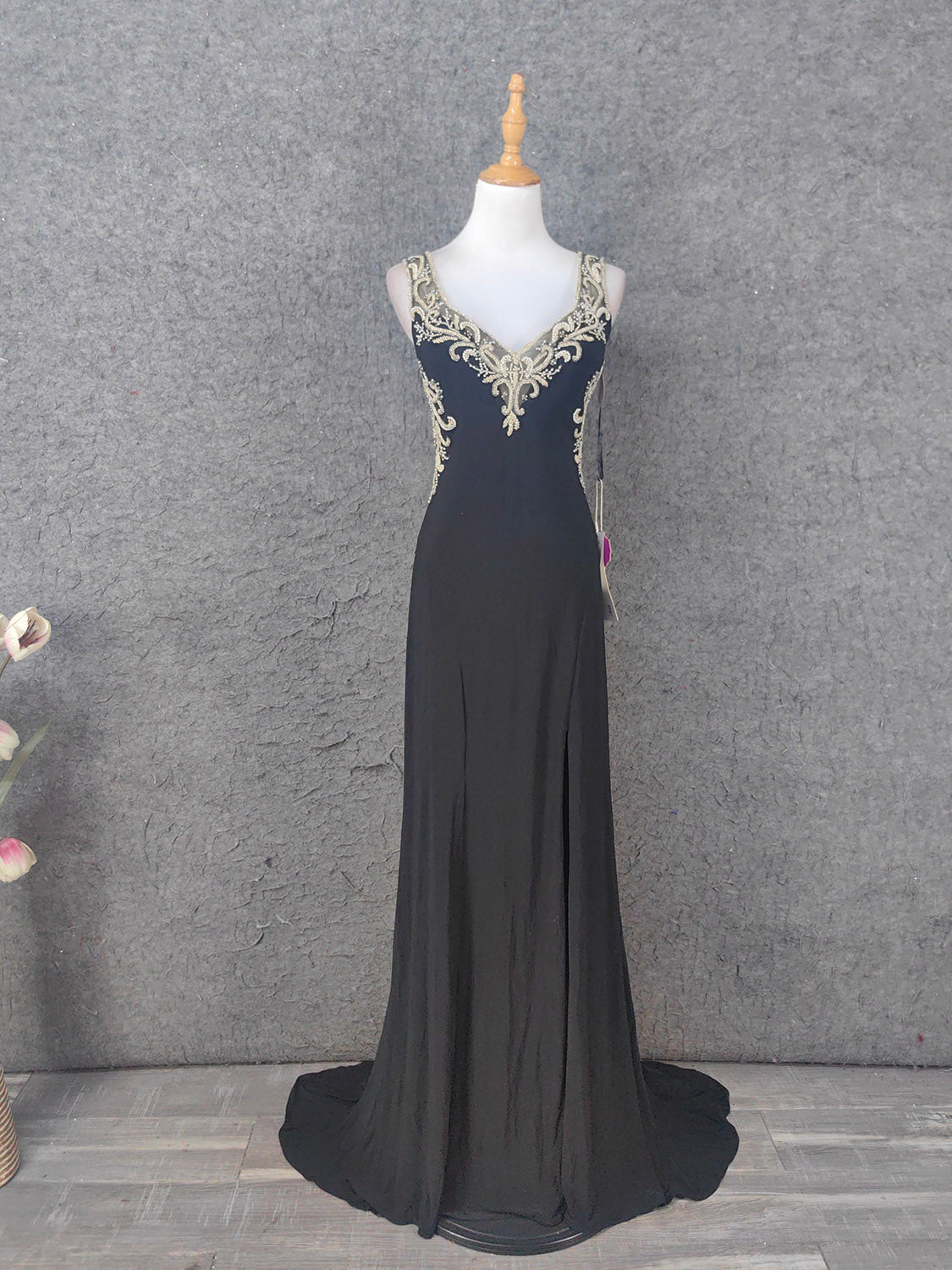 Vintage Black V-Neck Beaded Chiffon Long Prom Dress Evening Dress