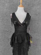 Vintage Black V-Neck Tassel Sequin Tulle Long Prom Dress Evening Dress