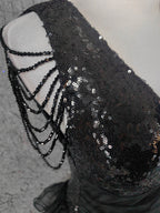 Vintage Black V-Neck Tassel Sequin Tulle Long Prom Dress Evening Dress