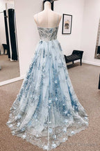 Vintage Blue 3D Floral Lace Sweetheart A-Line Long Prom Dress