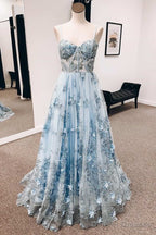 Vintage Blue 3D Floral Lace Sweetheart A-Line Long Prom Dress