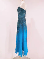 Vintage Blue A-Line Thin Strap Beaded Chiffon Long Prom Dress Evening Dress