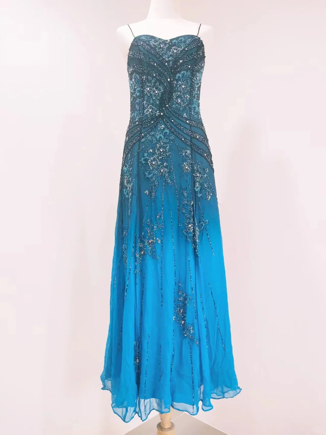 Vintage Blue A-Line Thin Strap Beaded Chiffon Long Prom Dress Evening Dress