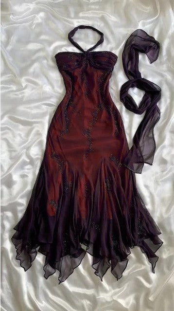 Vintage Blue Chiffon Long Prom Dress Elegant  Beaded Party Dress