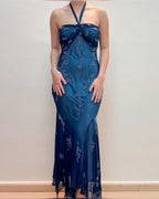 Vintage Blue Chiffon Long Prom Dress Elegant  Beaded Party Dress