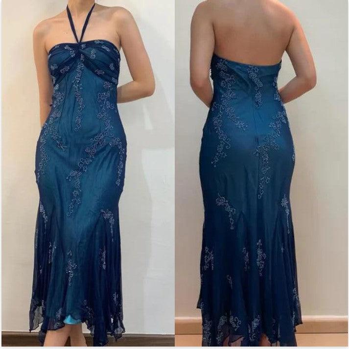 Vintage Blue Chiffon Long Prom Dress Elegant  Beaded Party Dress