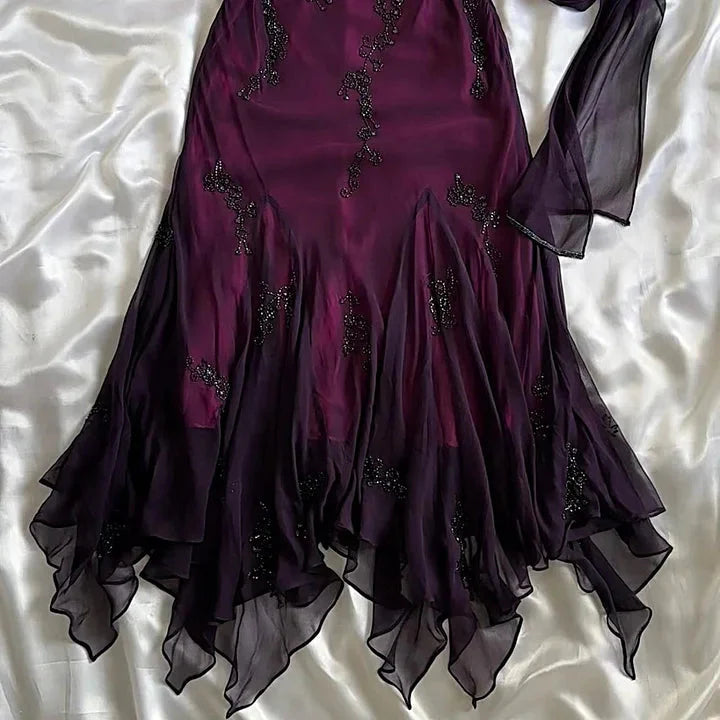 Vintage Blue Chiffon Long Prom Dress Elegant  Beaded Party Dress
