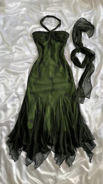 Vintage Blue Chiffon Long Prom Dress Elegant  Beaded Party Dress