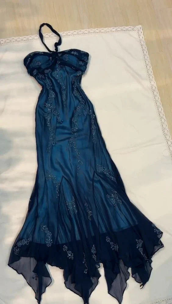 Vintage Blue Chiffon Long Prom Dress Elegant  Beaded Party Dress