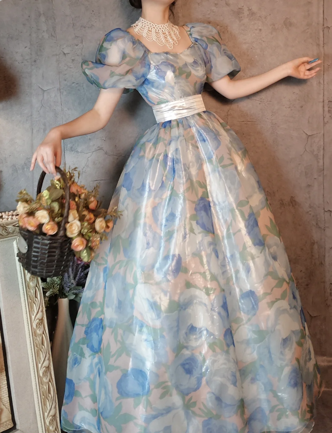 Vintage Blue Floral A-Line Square Neck Puff Sleeve Glossy Organza Long Prom Dress Evening Dress Main image