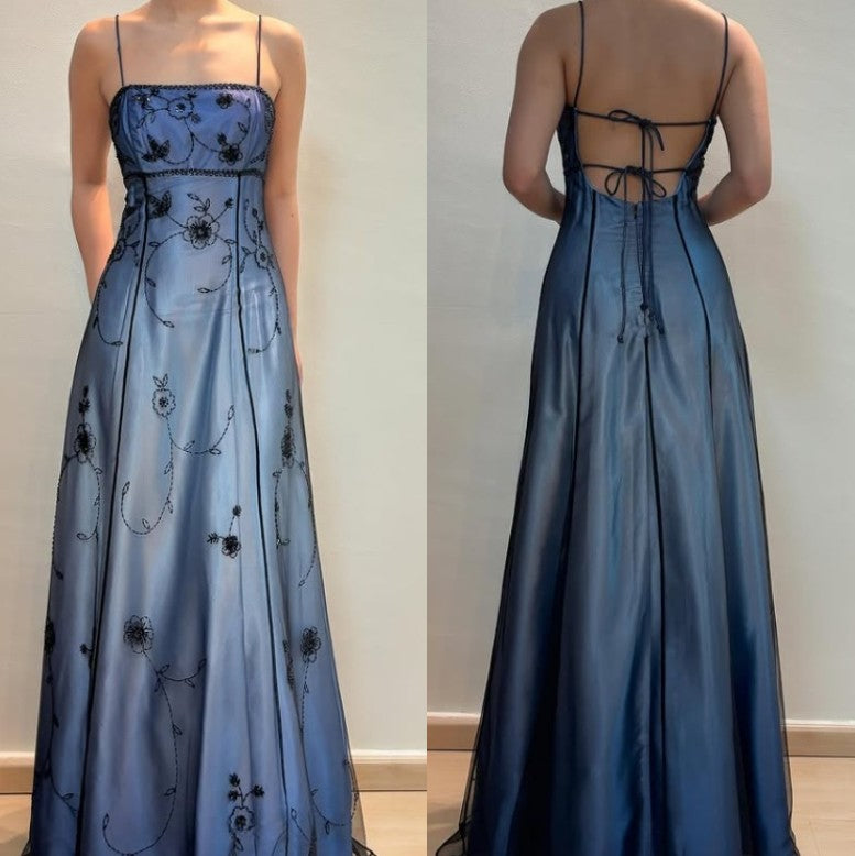 Vintage Blue Gradient Empire Prom Dress Backless Romantic Beaded Evening Dress Guest Dress Secondary image