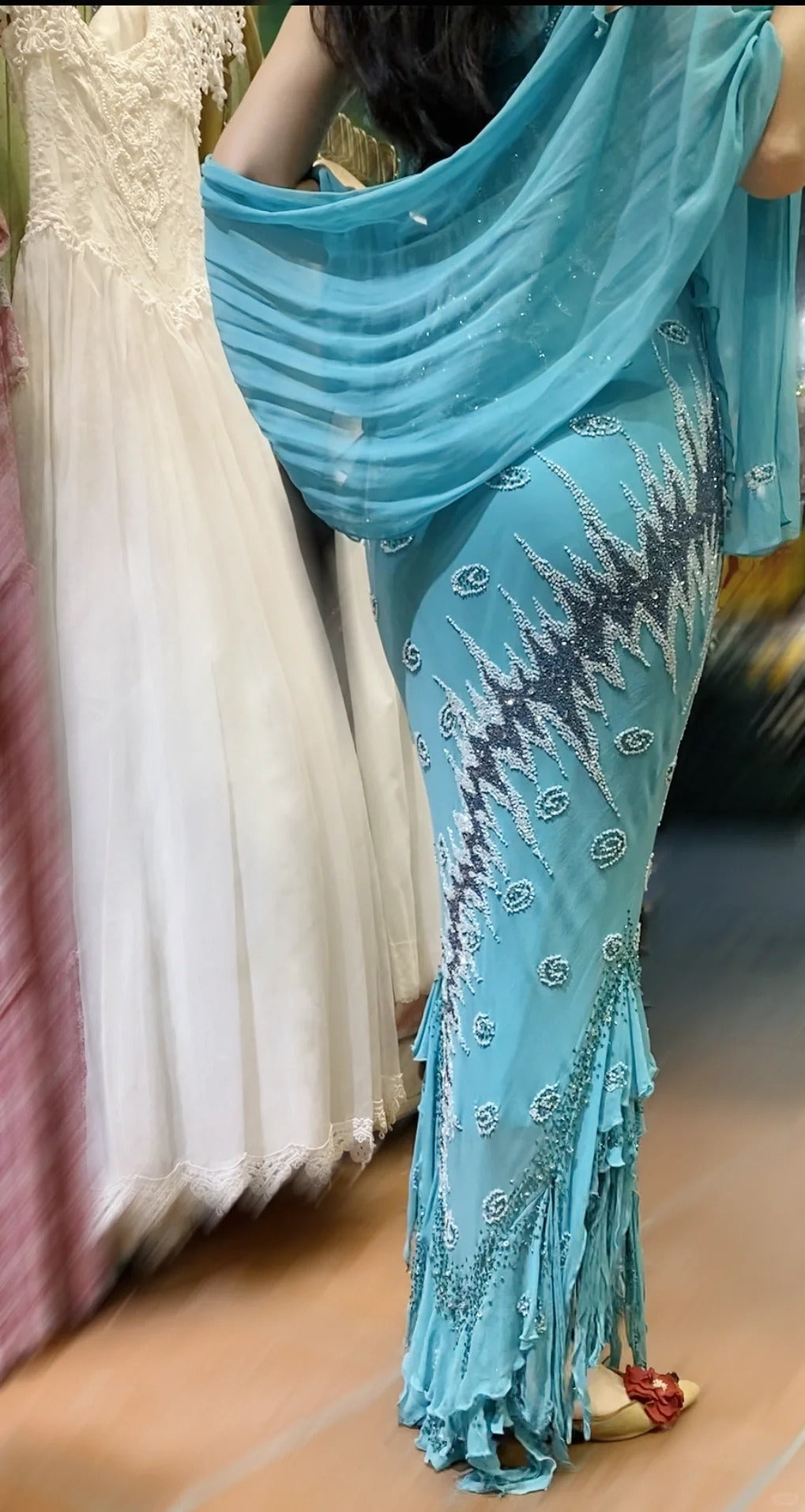 Vintage Blue Mermaid Halter-Neck Ruffled Beaded Chiffon Long Prom Dress Evening Dress