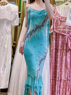 Vintage Blue Mermaid Halter-Neck Ruffled Beaded Chiffon Long Prom Dress Evening Dress
