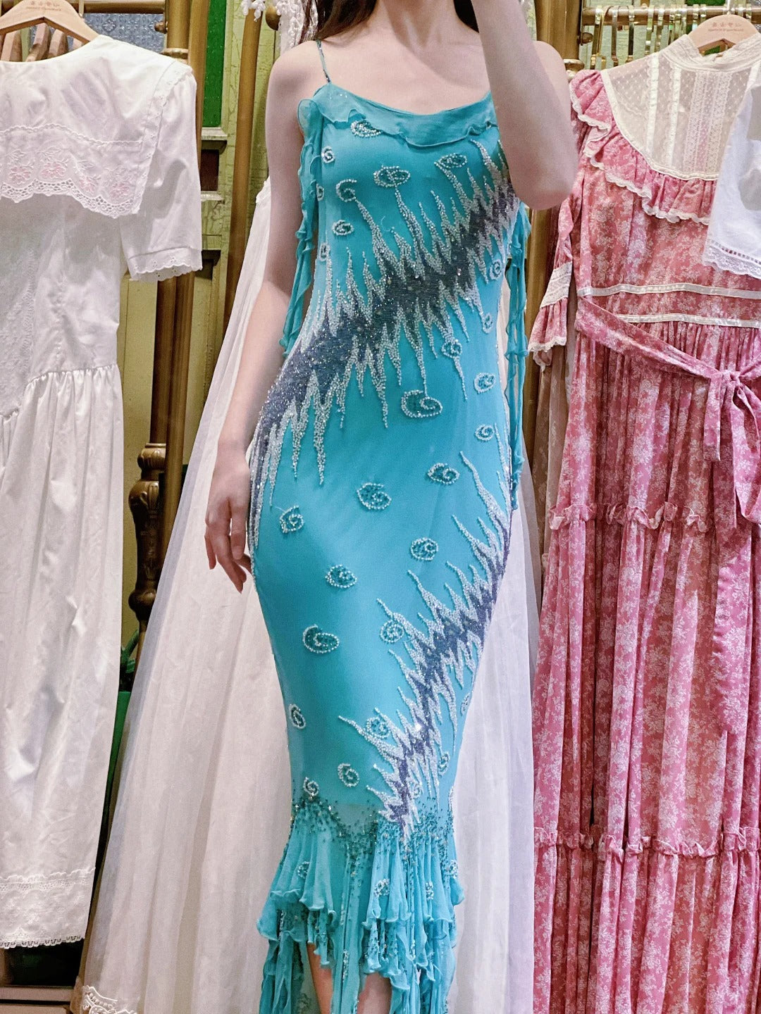 Vintage Blue Mermaid Halter-Neck Ruffled Beaded Chiffon Long Prom Dress Evening Dress