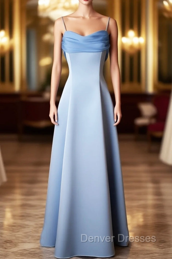 Vintage Blue Satin Spaghetti Straps Gown Elegant Dress