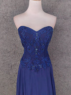 Vintage Blue Sweetheart Neck Embroidered Chiffon Long Prom Dress Evening Dress