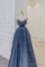 Vintage Blue Tulle Beaded Long Senior Prom Dress A-Line Blue Formal Dress
