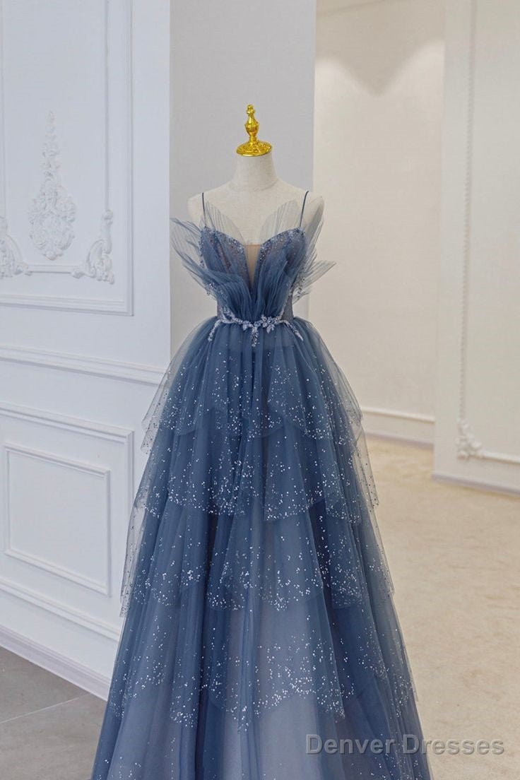 Vintage Blue Tulle Beaded Long Senior Prom Dress A-Line Blue Formal Dress Secondary image