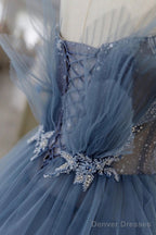 Vintage Blue Tulle Beaded Long Senior Prom Dress A-Line Blue Formal Dress
