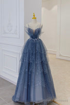 Vintage Blue Tulle Beaded Long Senior Prom Dress A-Line Blue Formal Dress