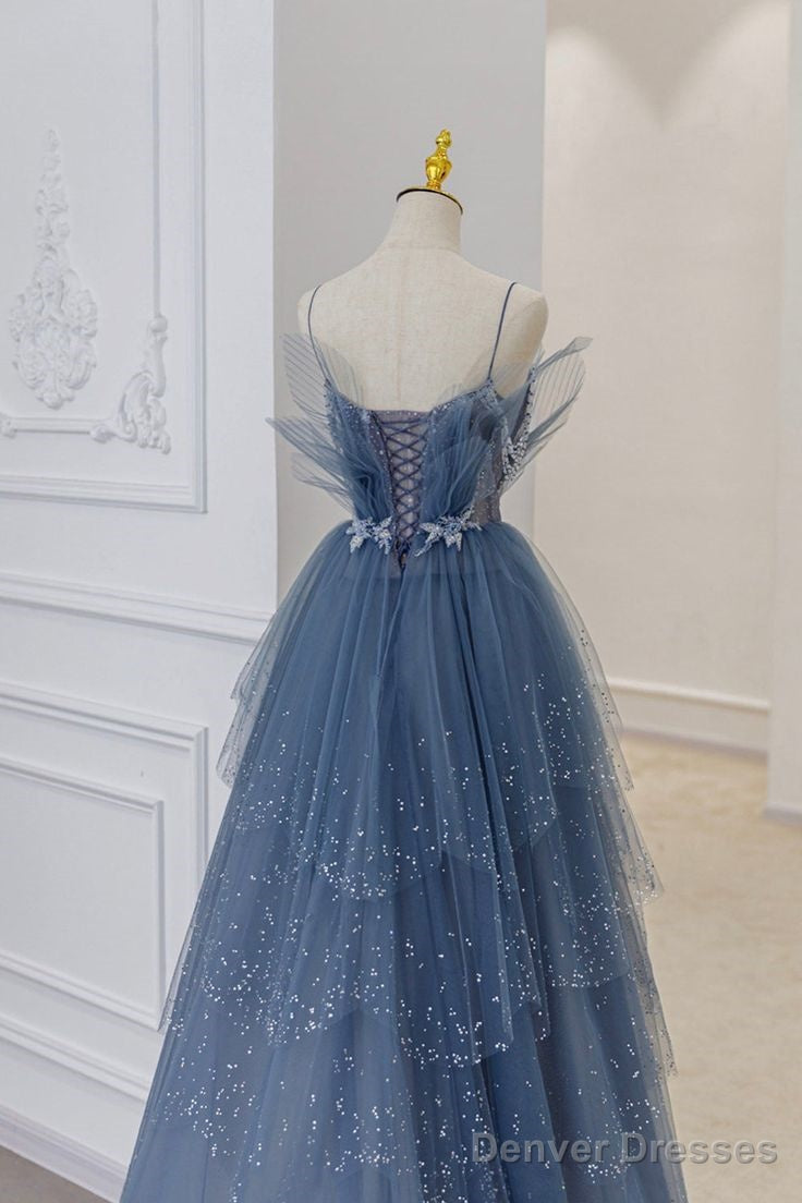 Vintage Blue Tulle Beaded Long Senior Prom Dress A-Line Blue Formal Dress