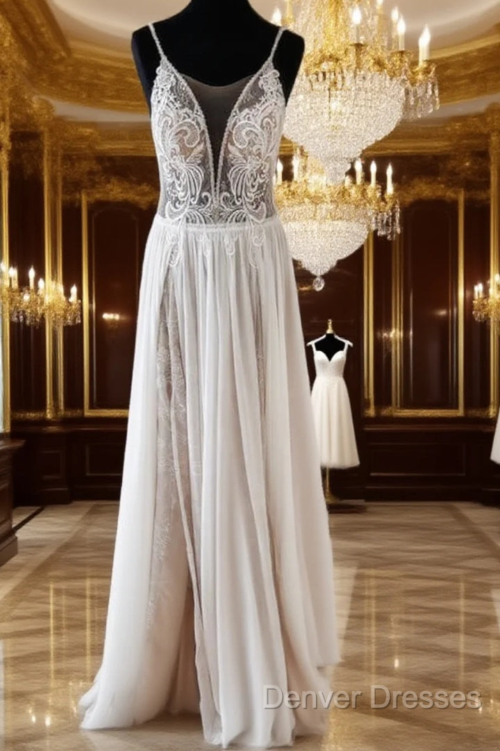 Vintage Boho V Neck Split Wedding Dress Lace Embroidery Main image