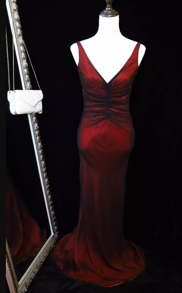Vintage Bright Burgundy Mermaid V-Neck Ruched Satin Long Prom Dress Evening Dress Main image