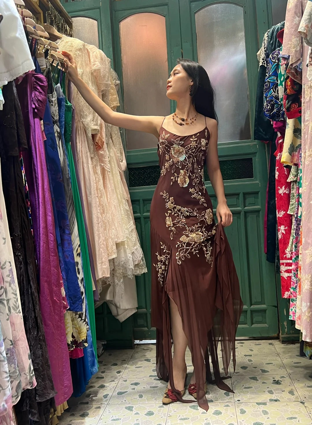 Vintage Brown Irregular Strap Beaded Sequined Prom Dress Evening Dress Secondary image