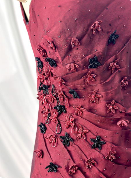 Vintage Burgundy 3D Beaded Flower Square Neck Chiffon Long Prom Dress Evening Dress