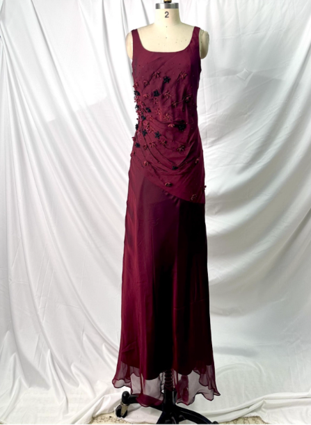 Vintage Burgundy 3D Beaded Flower Square Neck Chiffon Long Prom Dress Evening Dress Main image