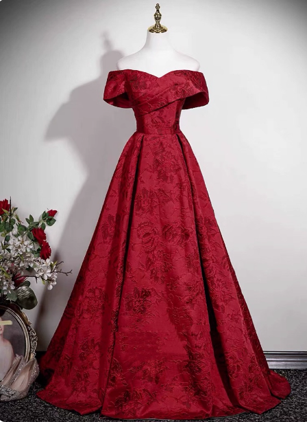 Vintage Burgundy A-Line Off-The-Shoulder Jacquard Satin Long Prom Dress Evening Dress Secondary image