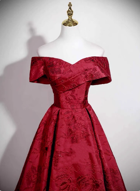 Vintage Burgundy A-Line Off-The-Shoulder Jacquard Satin Long Prom Dress Evening Dress