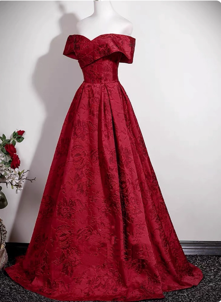 Vintage Burgundy A-Line Off-The-Shoulder Jacquard Satin Long Prom Dress Evening Dress