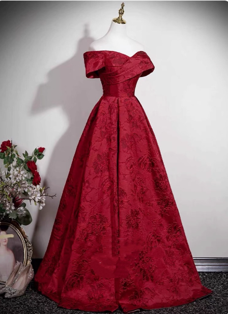 Vintage Burgundy A-Line Off-The-Shoulder Jacquard Satin Long Prom Dress Evening Dress Main image