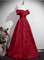 Vintage Burgundy A-Line Off-The-Shoulder Jacquard Satin Long Prom Dress Evening Dress