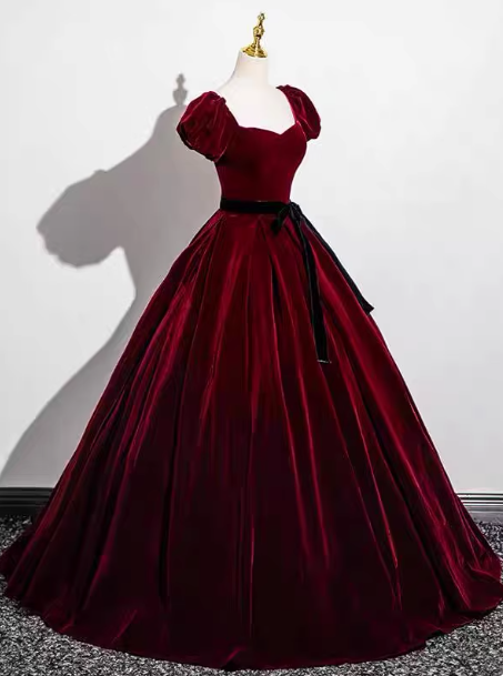 Vintage Burgundy A-Line Puff Sleeve Velvet Long Prom Dress Evening Dress