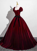 Vintage Burgundy A-Line Puff Sleeve Velvet Long Prom Dress Evening Dress