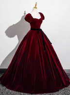 Vintage Burgundy A-Line Puff Sleeve Velvet Long Prom Dress Evening Dress
