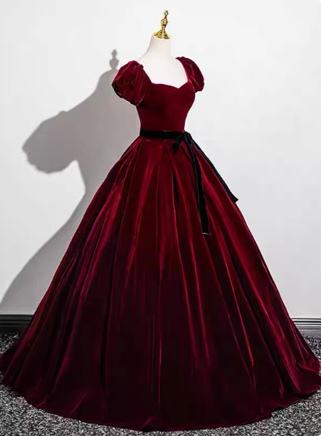 Vintage Burgundy A-Line Puff Sleeve Velvet Long Prom Dress Evening Dress