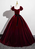 Vintage Burgundy A-Line Puff Sleeve Velvet Long Prom Dress Evening Dress