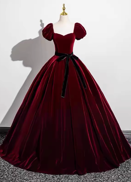 Vintage Burgundy A-Line Puff Sleeve Velvet Long Prom Dress Evening Dress
