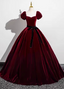 Vintage Burgundy A-Line Puff Sleeve Velvet Long Prom Dress Evening Dress