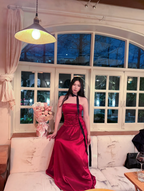 Vintage Burgundy A-Line Strapless Satin Long Prom Dress Evening Dress