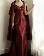 Vintage Burgundy Halter Neck Mermaid Satin Long Prom Dress Evening Dress