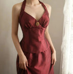 Vintage Burgundy Halter Neck Mermaid Satin Long Prom Dress Evening Dress